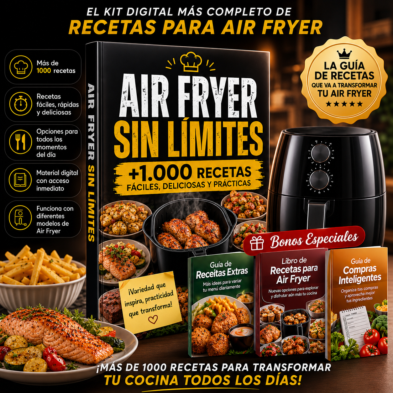 Kit digital Air Fryer Sin Límites con más de 1.000 recetas y bonos